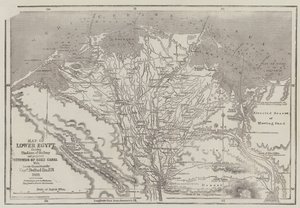 Carte du Bas-Égypte, montrant les lignes de chemin de fer et le projet de canal de Suez